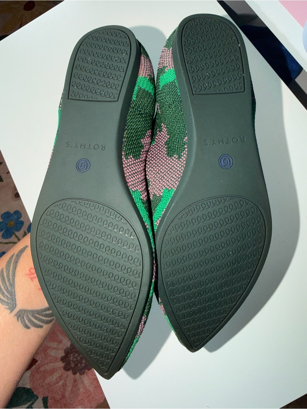 Rothy’s Pointed Knit Ballet Flats in Green and Pink - Picture 2 of 3